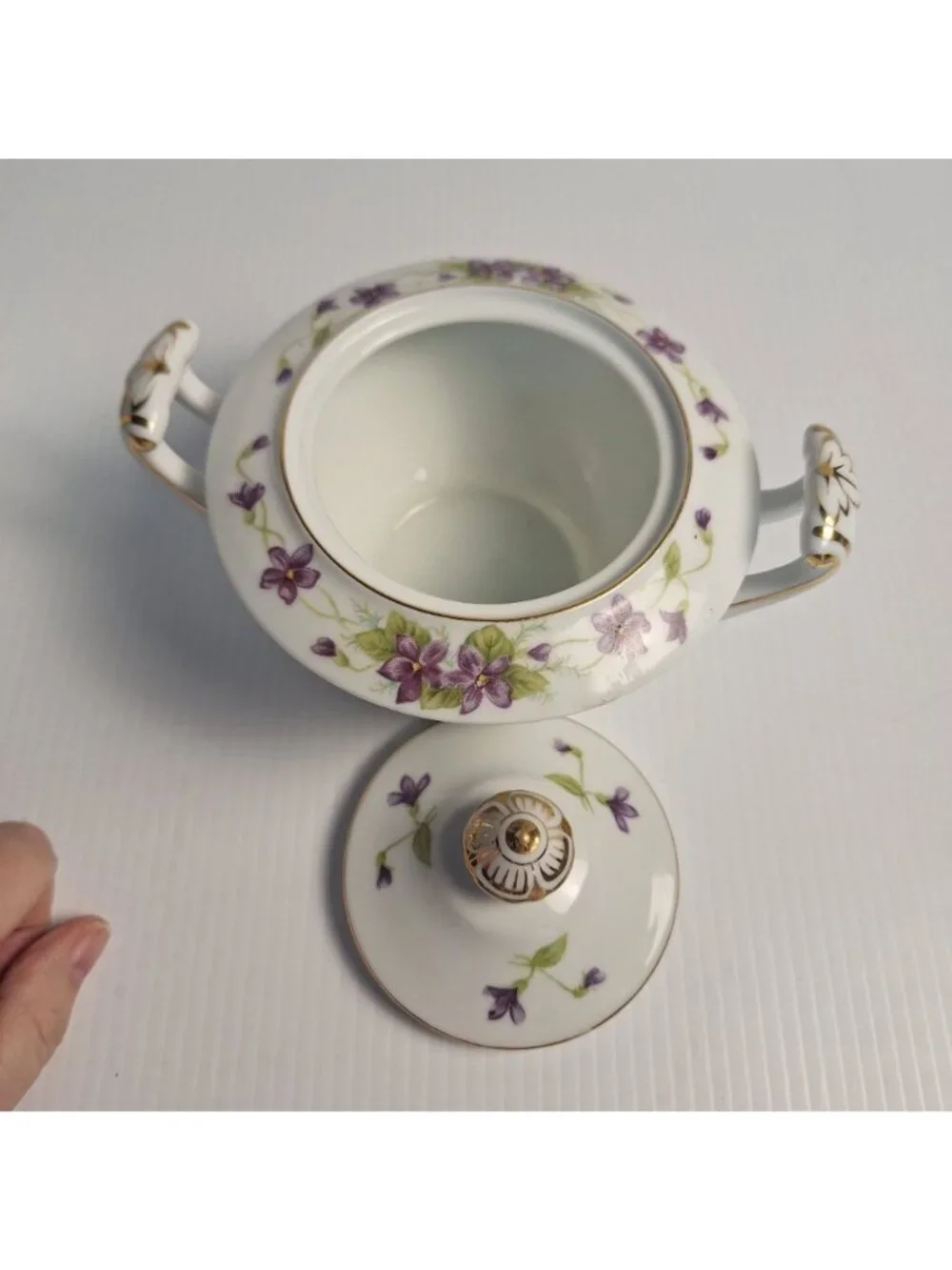 WENTWORTH CHINA JAPAN PURPLE FLORAL GOLD TRIM CREAM AND LIDDED SUGAR SET VIOLA